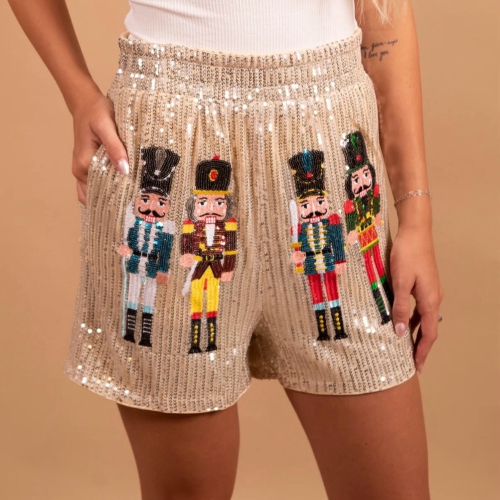 High-Waist Gold Sequin Nutcracker Embroidered Women's Shorts
